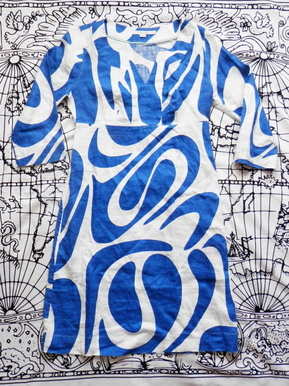 Boden Blue and White Abstract Swirl Print Linen Shift Dress, Size 4